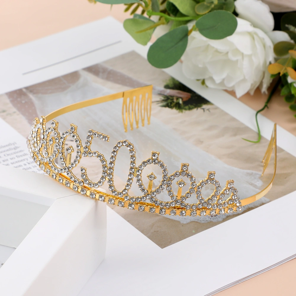 Frcolor Girl's 50th Birthday Tiara Crystal Rhinestone Birthday Tiara Queen Crowns Headband with Hair Combs Clip for 50th Birthday Party Prom Decorations (Gold)