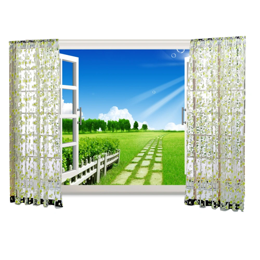 1*2M Light-colored Flowers Leaves Curtains Window Gauze Decoration Drapes for Bedroom Living Room (Light Green)