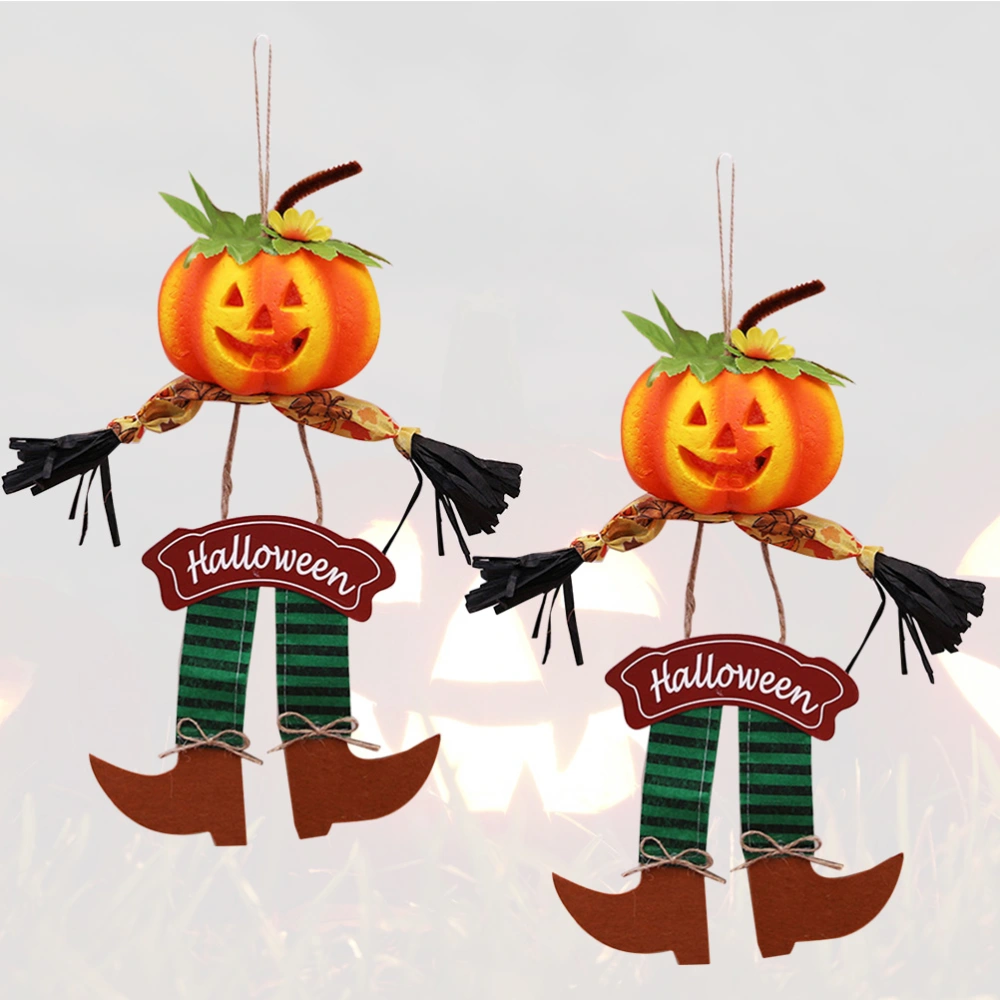 2pcs Pumpkin Head Scarecrow Design Doorplate Decorative Door Hanging Pendant for Halloween Party Decoration (Green Pants)