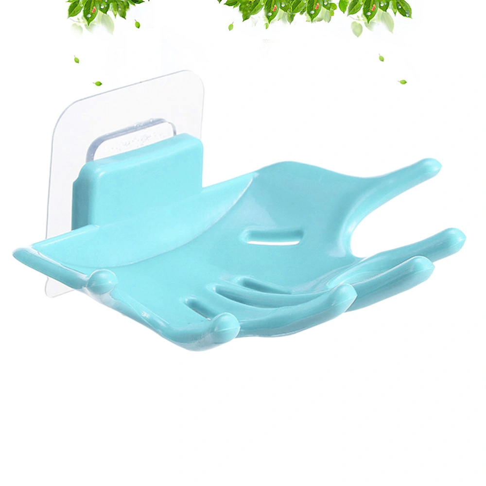 1pc Hand Shaped Punch Free Soap Box Drain No Trace Soap Case Container for Bathroom and Kitchen (Blue)