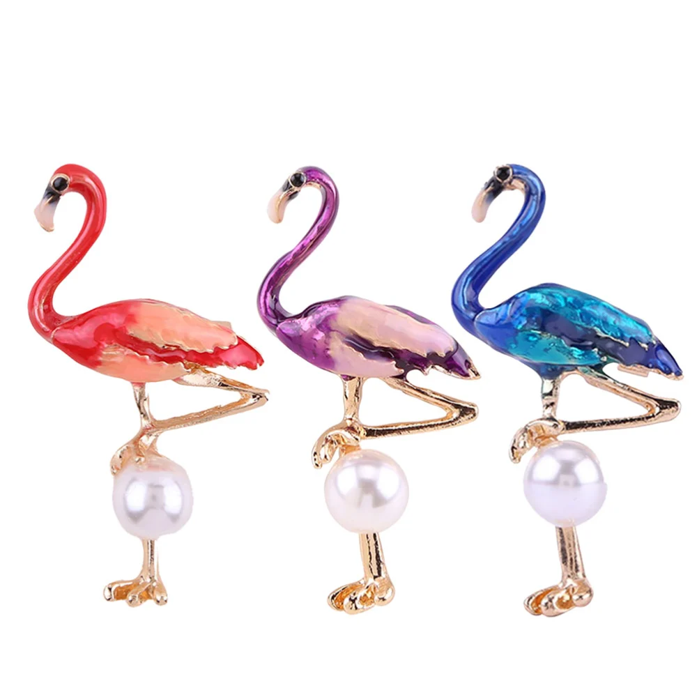 3pcs Creative Flamingo Brooch Alloy Clips Dress Clothes Flamingo Brooch Accessory for Women Girls (Red, Purple, Blue)