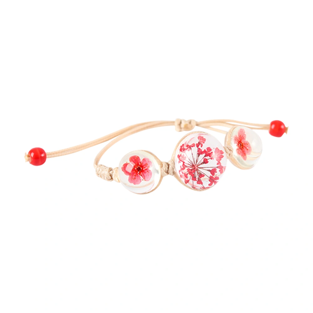 Plant Specimen Dried Flower Crystal Glass Ball Bracelet Women Hand-woven Rope Chain Bracelet - 01 (Red)