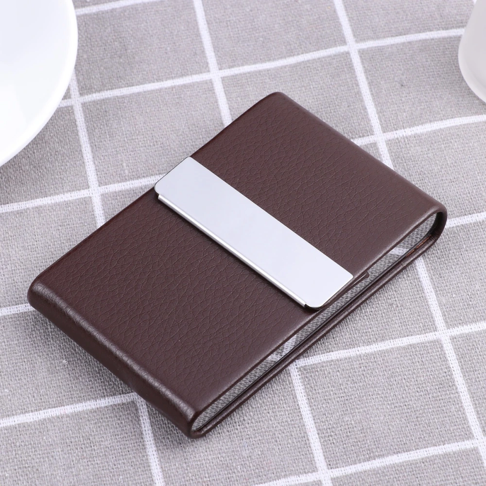 Big Capacity Vertical Section Business Name Holder Credit Holder Fashion Unisex Visit Case Metal Wallet PU Leather Solid Steel Box(Deep Coffee)