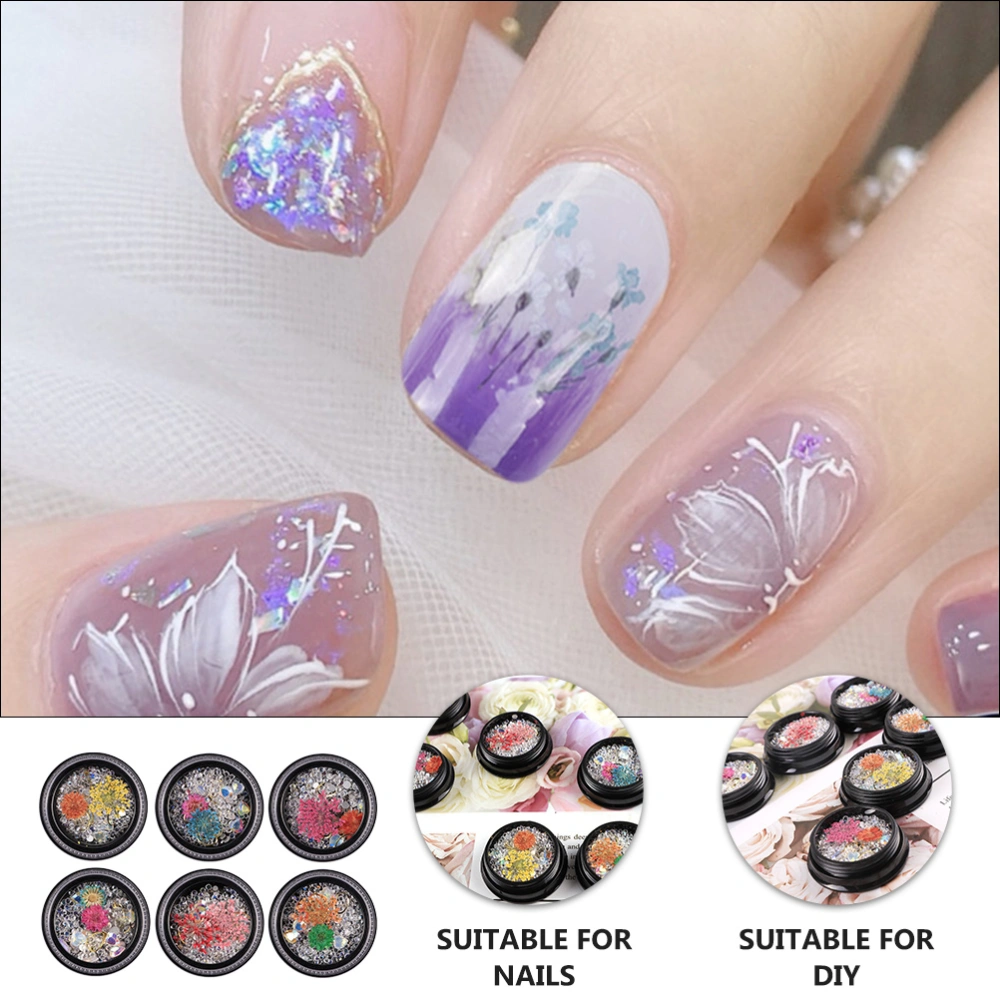 6 Boxes of Nail Art Dried Flowers Resin Diamonds DIY Manicure Decoration