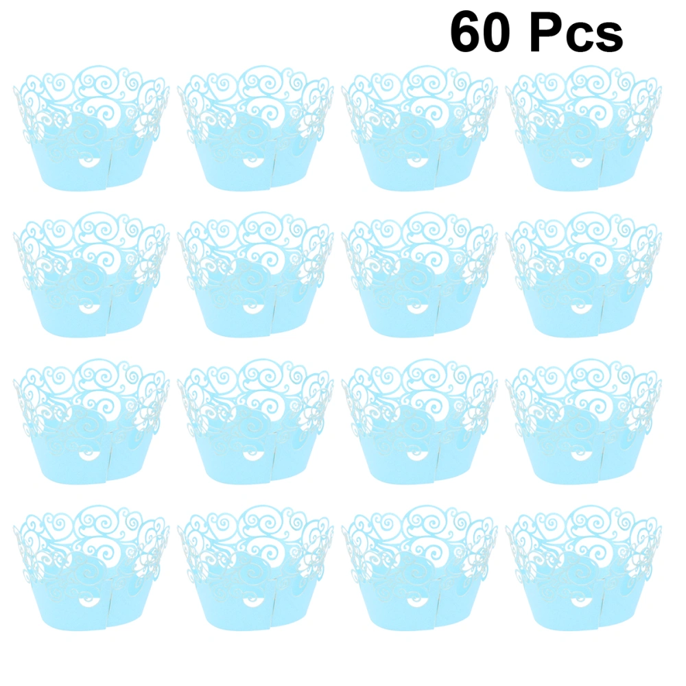 60pcs Cupcake Wrappers Cake Wrappers Hollow out Pattern High Temperature Resistance for Cake (Sky Blue)