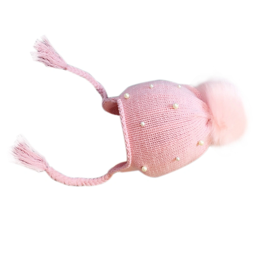 Pearl Decorated Baby Winter Warm Knit Hat Infant Toddler Kid Crochet Hairball Beanie (Pink)