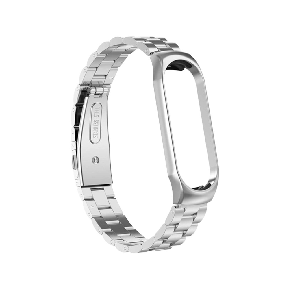 Three Beads Stainless Steel Watch Strap Replace Bracelet Wrist Band Compatible for Xiaomi Bracelet 3 Brcelet 4 Silver