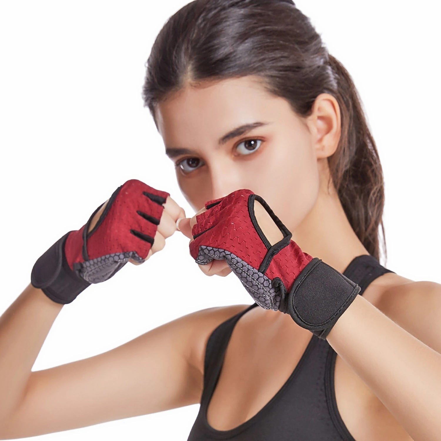2Pcs Outdoor Sports Anti-Slip Gloves Breathable Cycling Half-finger Gloves (Red Grey)