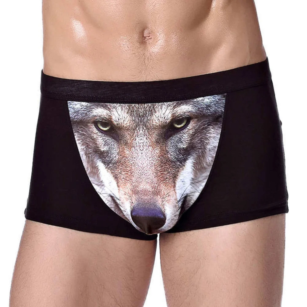 Men's Sexy 3D Wolf Head Animal Underwear Briefs Stretch Modal Underpants Size L (Black)