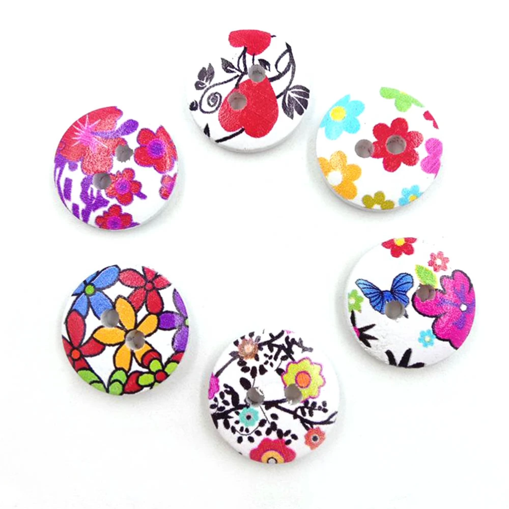 100PCS 15MM Buttons Flower and Grass Patterns Printed DIY Wooden Buttons Press Studs Snaps