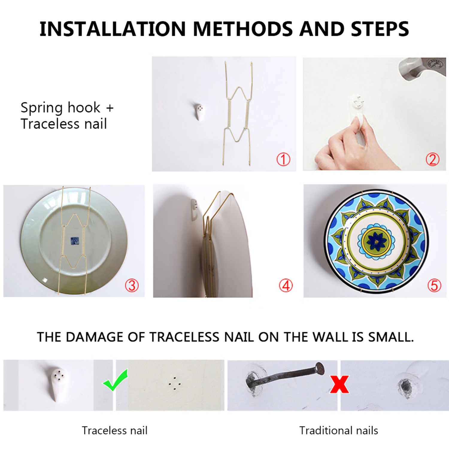 4pcs Spring Wall Plate Hangers Metal Hanger with Golden Coating Decorative Dish Holder with Hooks 8 Inches