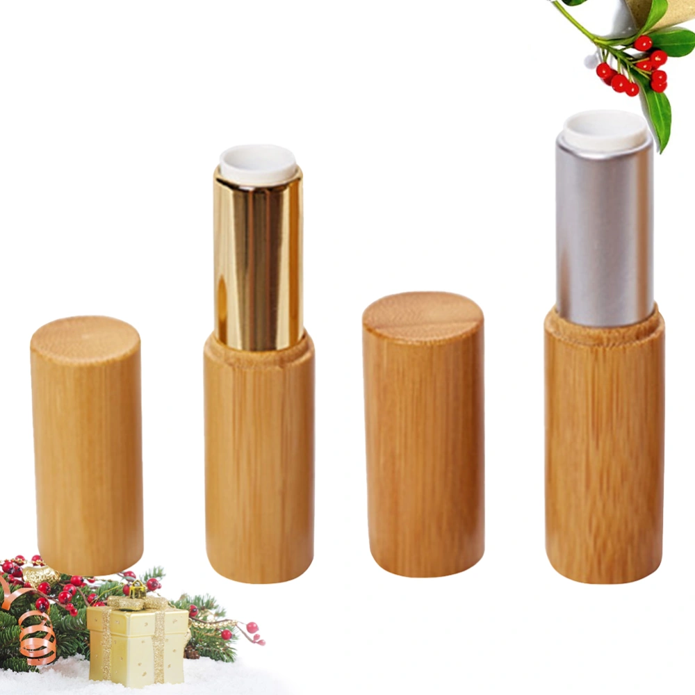 2pcs 3.8g Women Empty Bamboo Lipstick Balm Tubes Rustic Lip Gloss Storage Container for Ladies and Girls (Golden, Silver, Diameter 12.1mm)