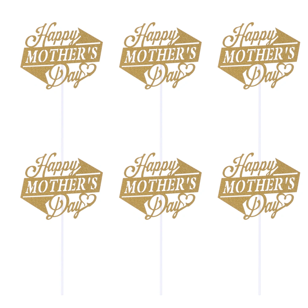 10pcs Happy Mother's Day Cake Toppers Golden Glitter Cupcake Picks Cake Decoration Party Supplies