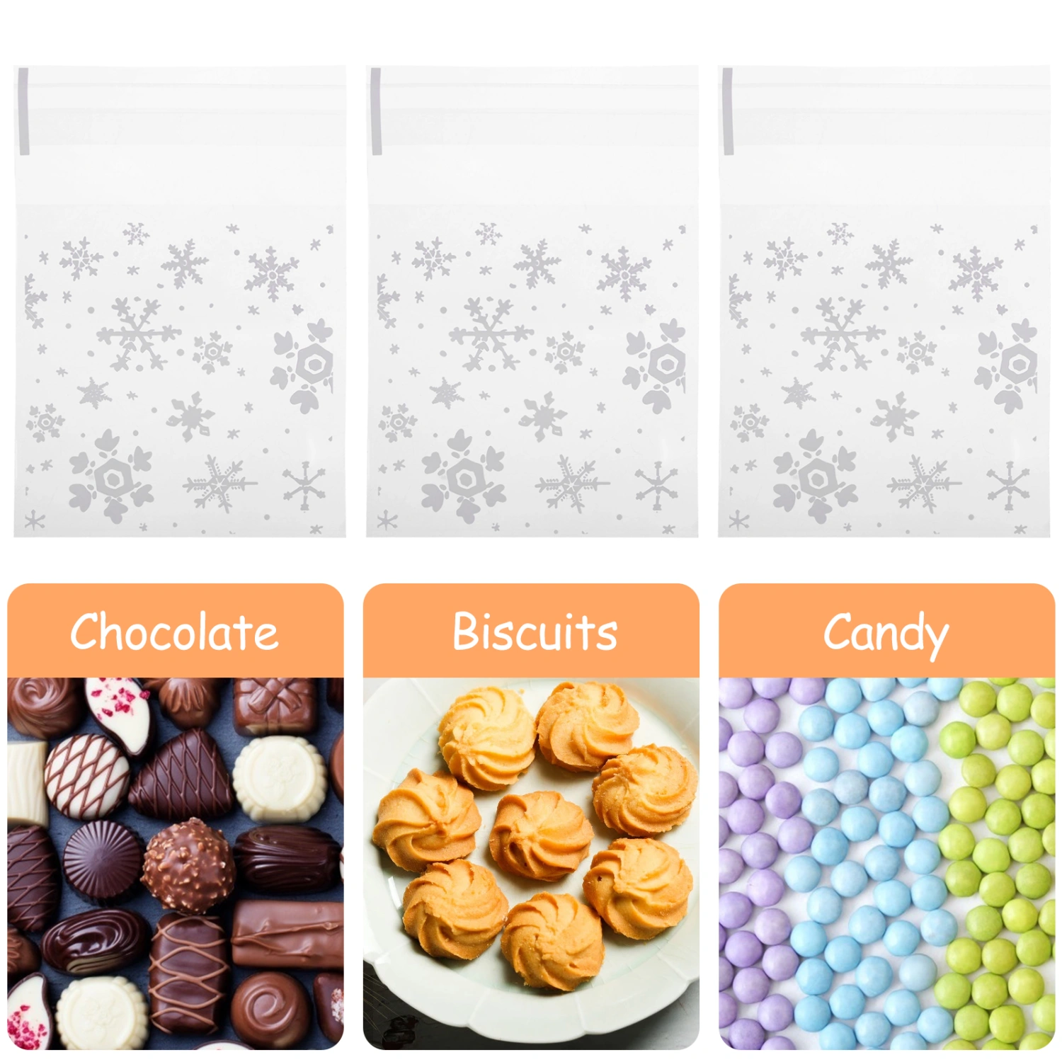 100pcs Candy Treat Bags Snowflake Sealing Cellophane Bags Self-adhesive Candy Bag