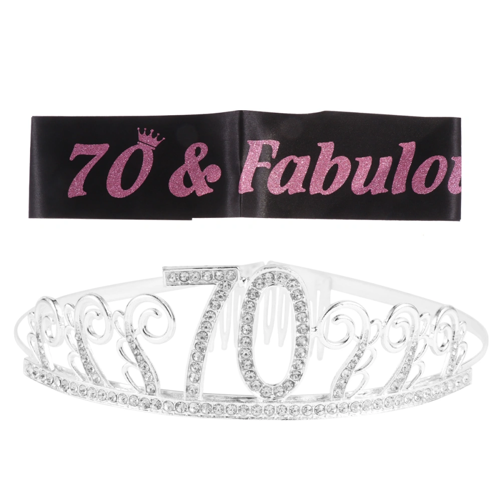 1 Set of 2pcs Birthday Tiara and Sash 70 & Fabulous Etiquette Band 70th Crown Party Supplies for Woman