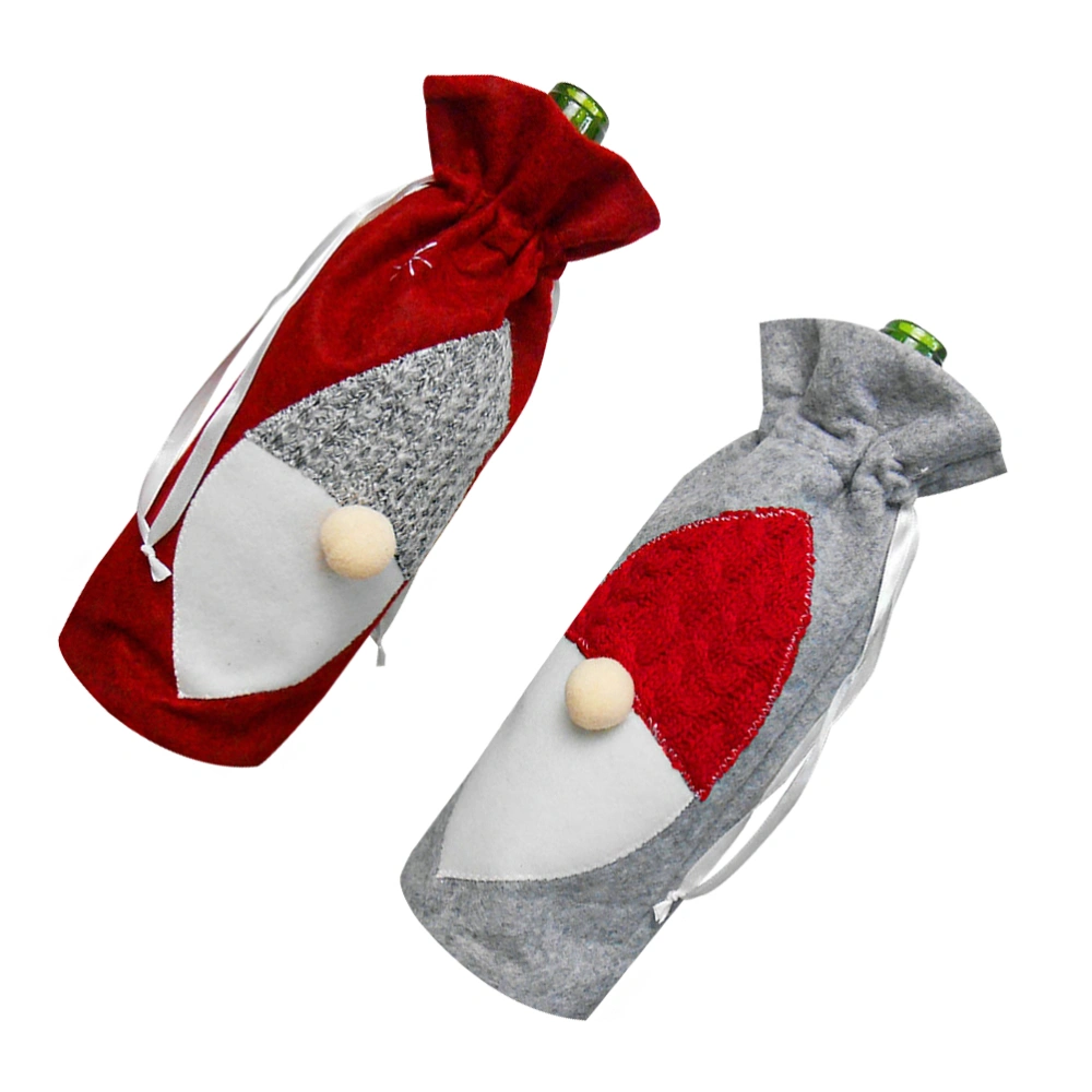 2pcs Champagne Wine Bottle Cover Fabric Home Party Table Decorations Christmas Decoration (Grey Wine Bottle Cover Red Hat and Red Wine Bottle Cover Gray Cap)