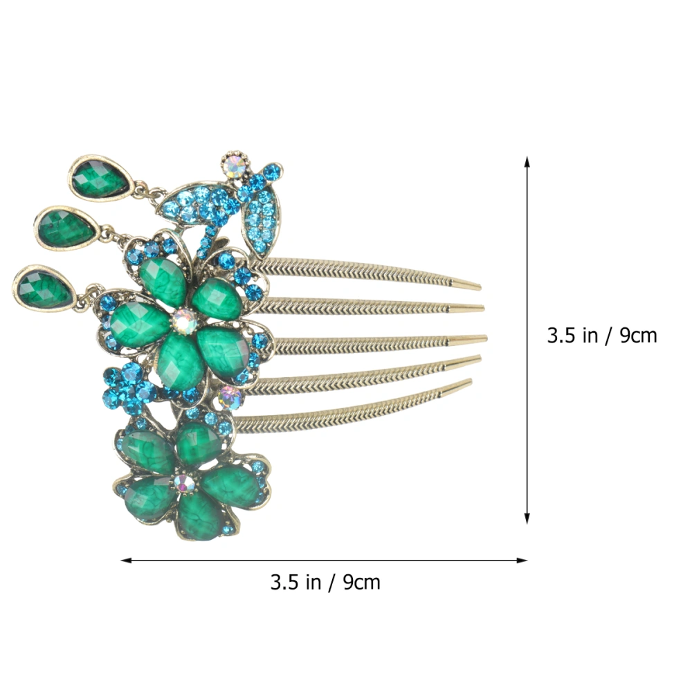 1pc Retro Hair Insert Comb Rhinestone Flower Headdress Hair Decoration Headwear Photo Prop for Female Blue