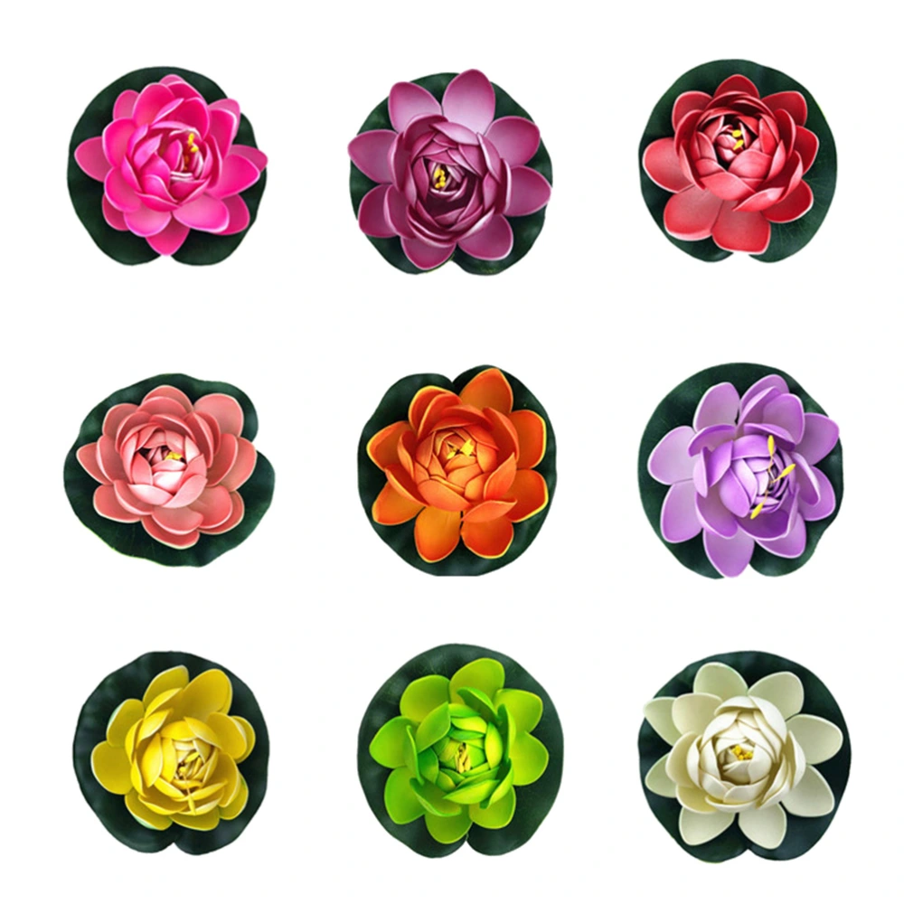 9pcs 11cm Simulation Floating Water Lily Plastic Lotus Flower Pond Fish Tank Decor Ornaments (Pink+Purple+Yellow+Sunset Red+Green+White+Red+Rosy+Pastel Pink)