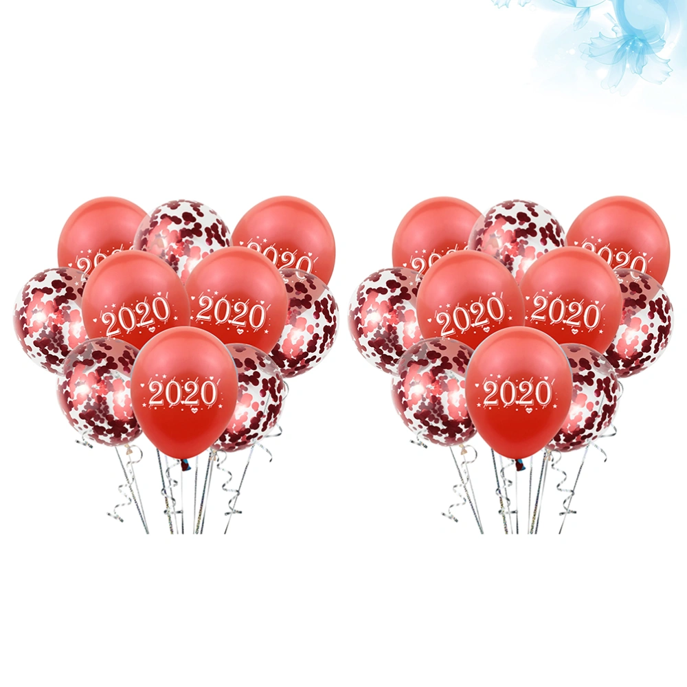 20pcs 12 Inches 2020 Number Printing Balloons Latex Party Background Ornaments Without Ribbon(Sequins and Red Printing Balloon 10pcs for Each)