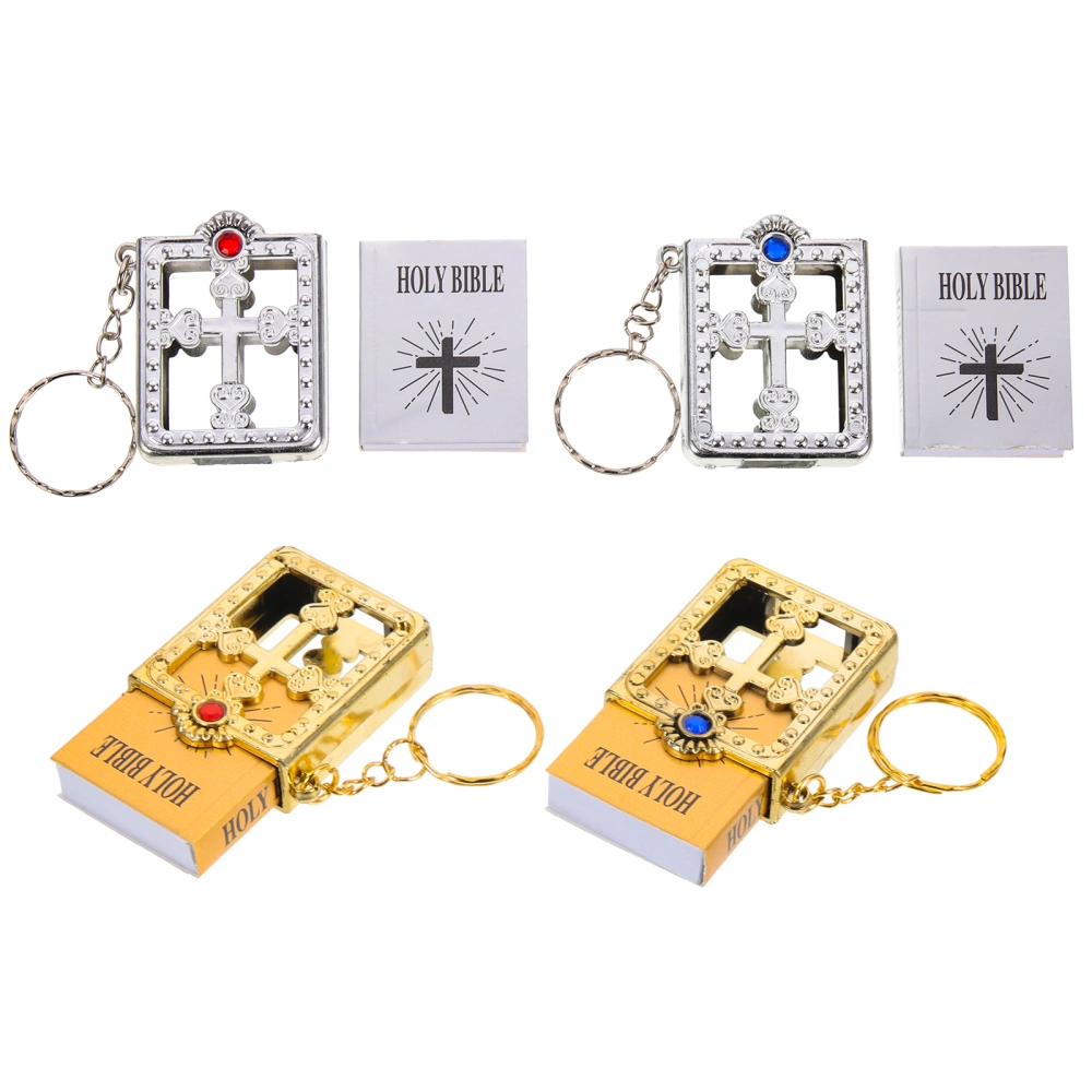 4pcs Mini Holy Bible Keychain Religious Favor Christian Jesus Keychain Keyring (Golden and Silver, Random Rhinestone Color)