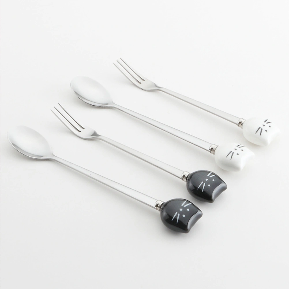 2 Pcs Ceramic and Stainless Steel Small Forks Cartoon Kitty Dessert Fruit Forks
