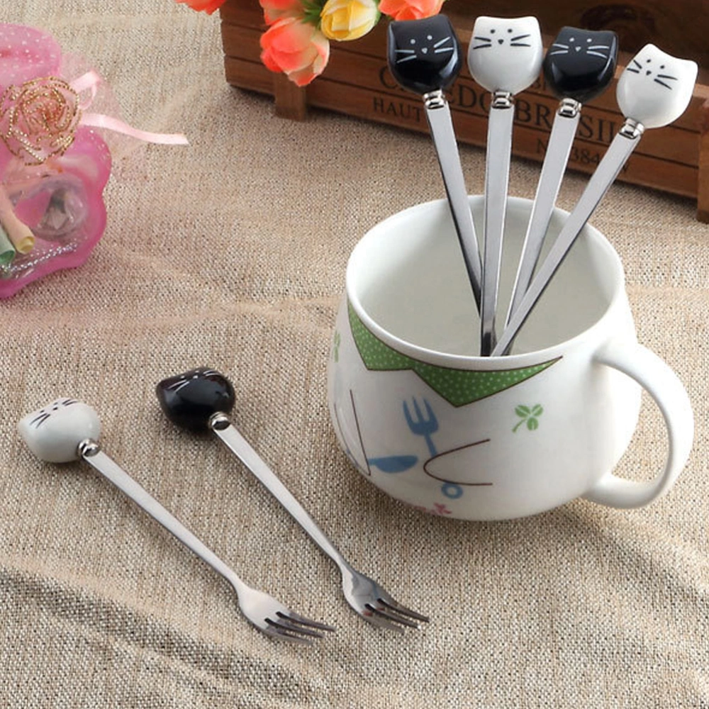 2 Pcs Ceramic and Stainless Steel Small Forks Cartoon Kitty Dessert Fruit Forks