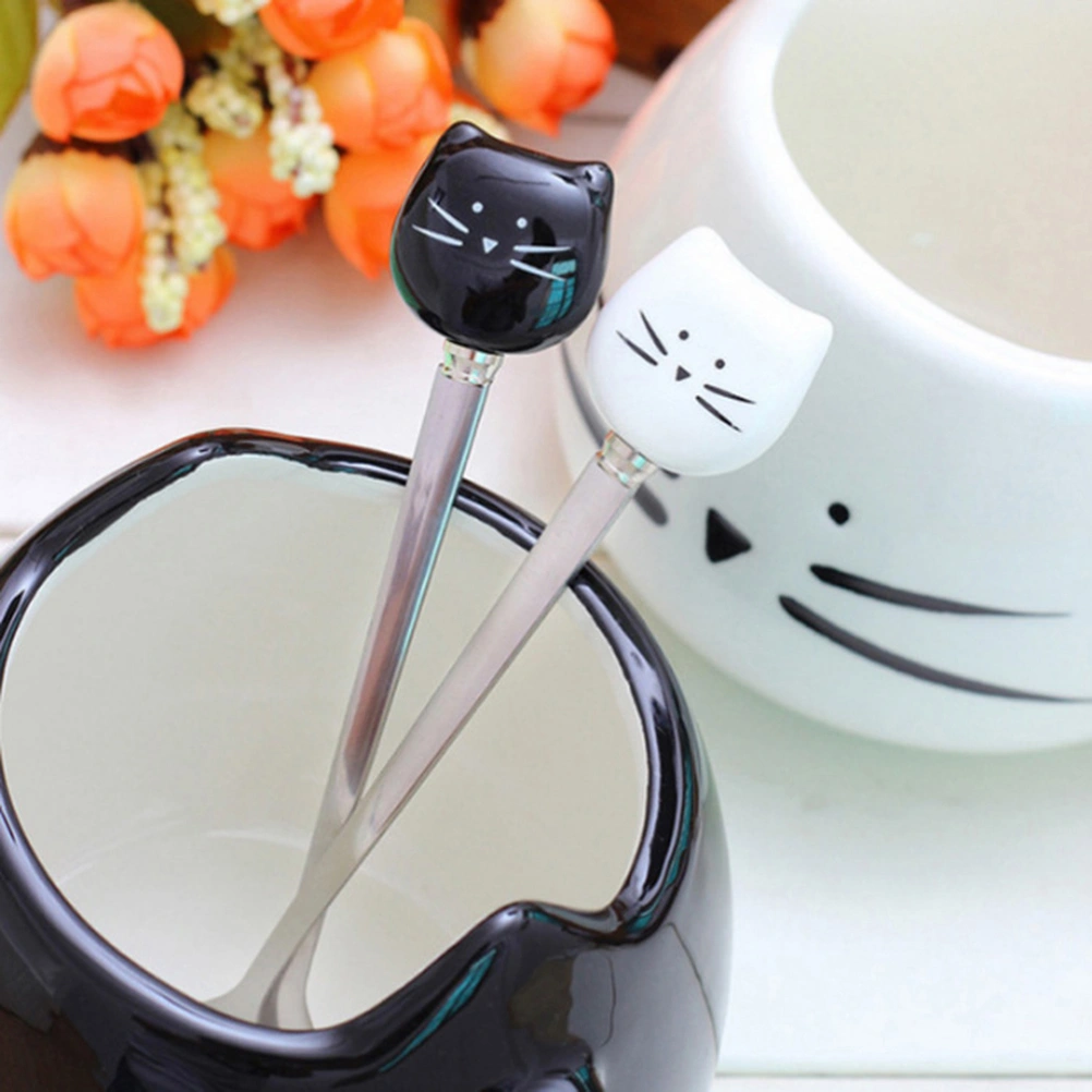 2 Pcs Ceramic and Stainless Steel Small Forks Cartoon Kitty Dessert Fruit Forks