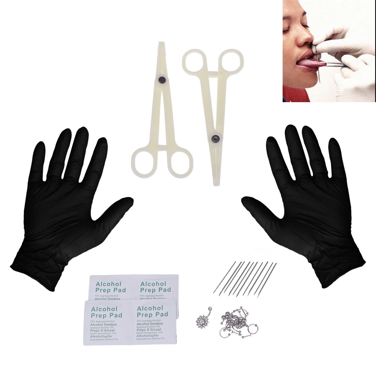 14G 16G Piecing Earring Set Multi-section Combination Perforation Tool Nose Nail Earrings Navel Ring Lip Nail Set (Silver)