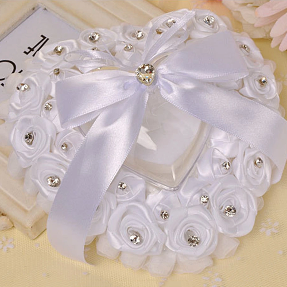 Wedding Heart Shape Big Bow Ring Pillow Bride Ring Pillow Wedding Supplies(White)