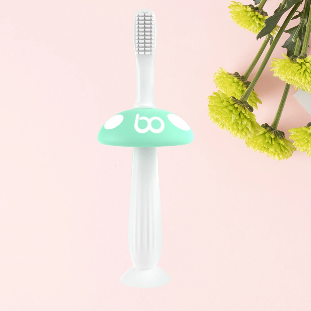 Mushroom Standing Training Toothbrush and Tongue Massage for Baby Infant Newborn Also Chew Teether Silicone Material (Green)