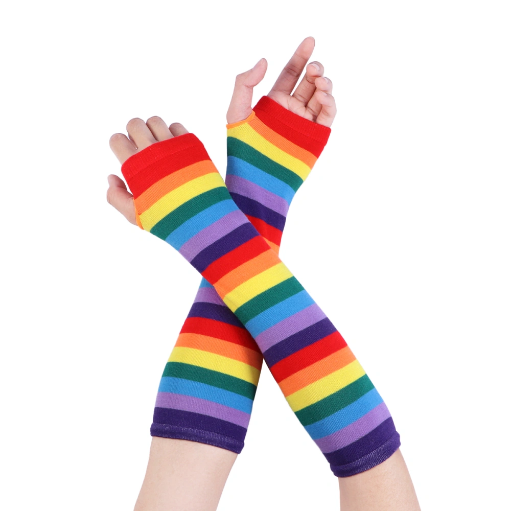 Tinksky 1 Pair Rainbow Strips Warmer Colorful Fingerless Gloves Sleeve for Women Girls