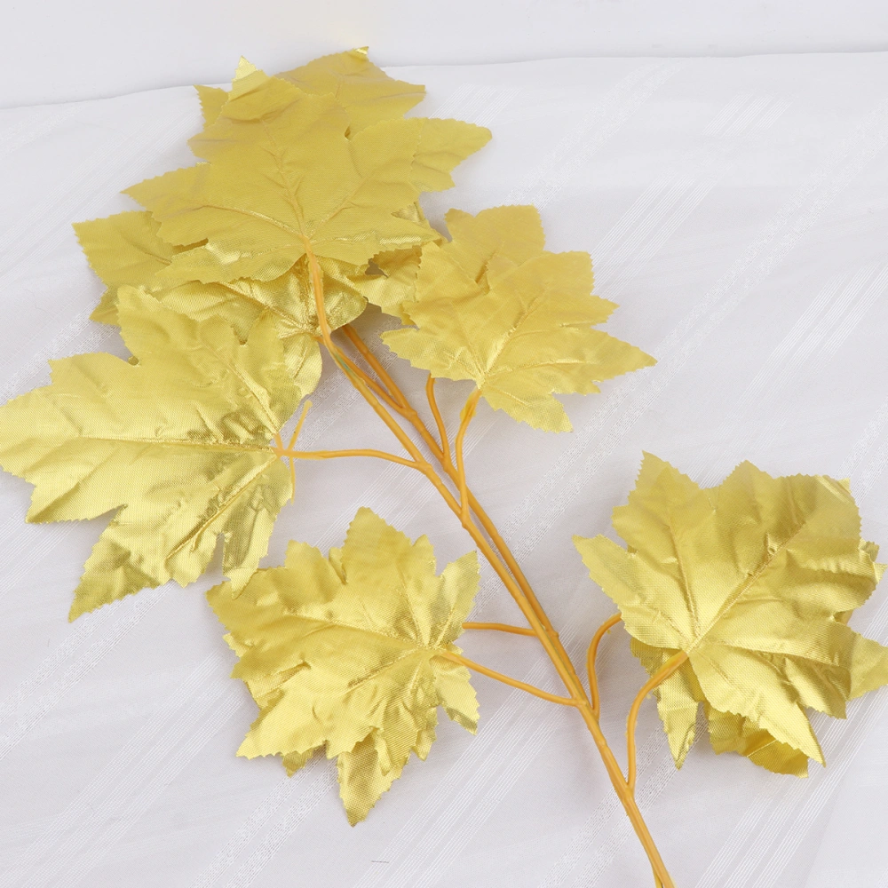 5pcs Golden Maple Leaves Branch Simulate Ornament Wedding Fake Leaves Lifelike Artificial Maple Leaves Party Layout Decorations Craft Material (5pcs Leaves in 1 Branch)