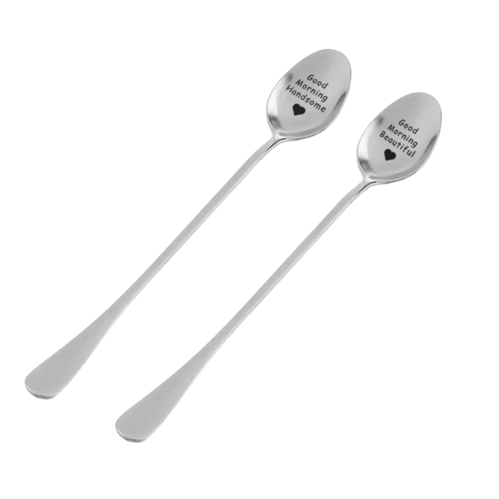 2 Pcs Good Morning Handsome/Beautiful  Stainless Steel Soup Scoop Long Handle Spoons Food Serving Spoon Kitchen Utensil Tableware for Lover Couple (1 Handsome + 1 Beautiful)