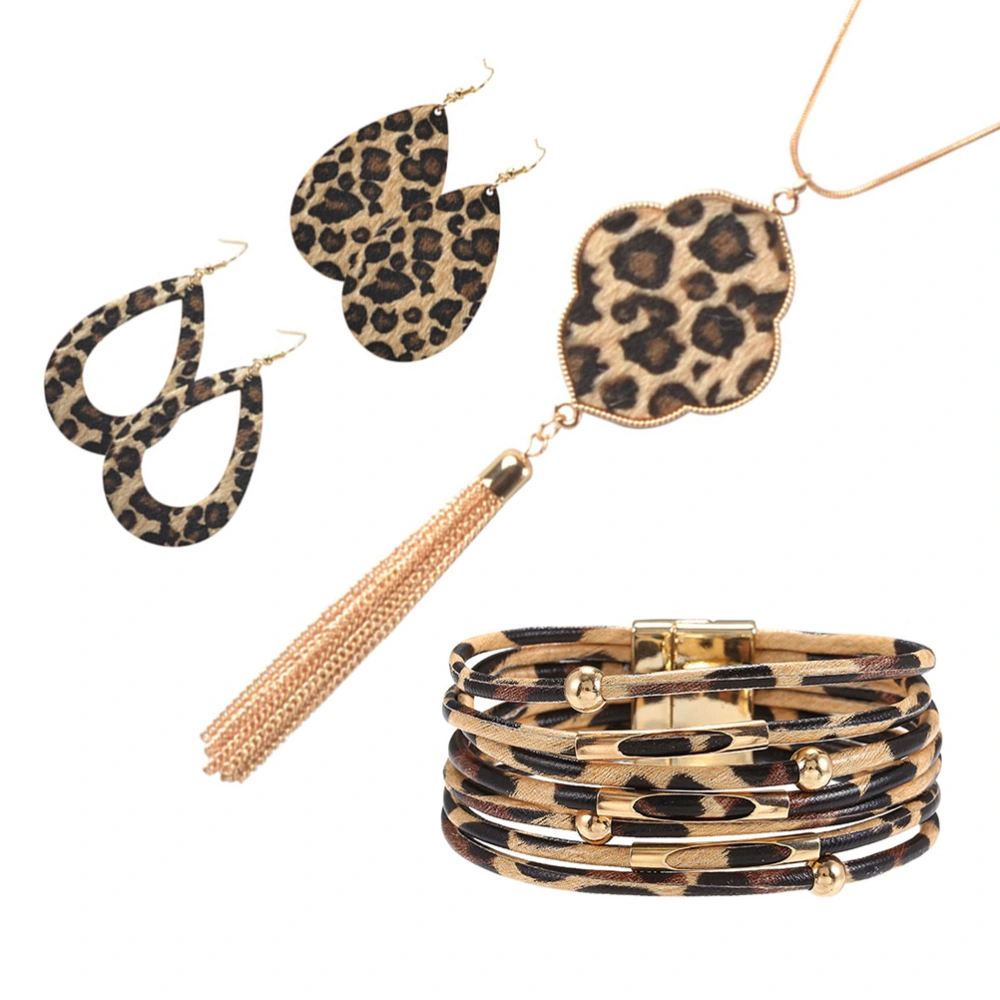 1 Set Leopard Necklace Bracelet Earrings Kit Tassel Pendant Necklace Fashion Leopard Jewelry (Style 6)