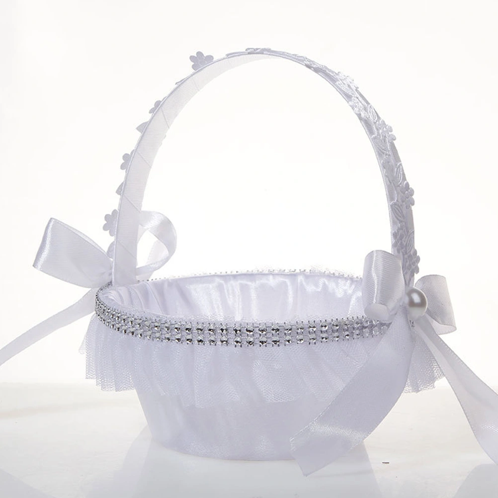 Bride Bowknot Flower Basket Pearl Crystal Children Basket Wedding Party Basket (White)