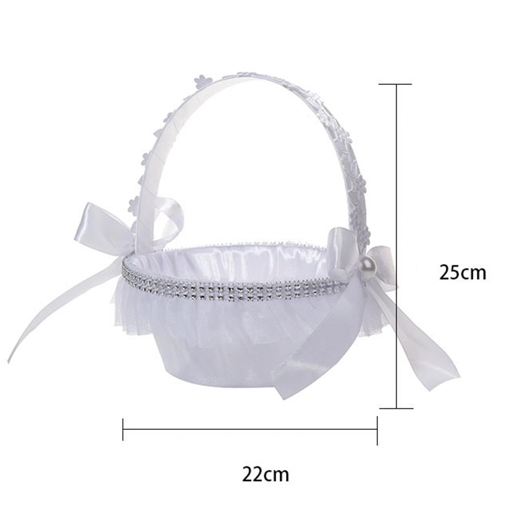 Bride Bowknot Flower Basket Pearl Crystal Children Basket Wedding Party Basket (White)
