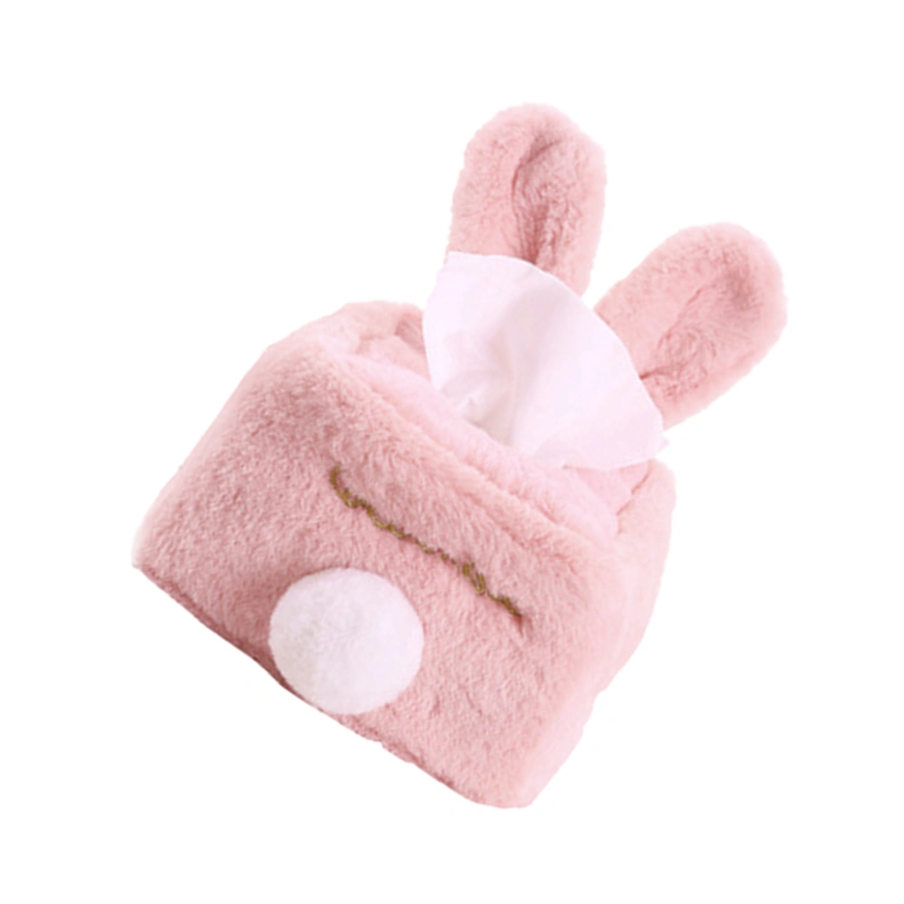 Rabbit Ear Tissue Box Plush Napkin Storage Container Convenient Paper Towel Organizer for Home Bar Office (Pink Square)