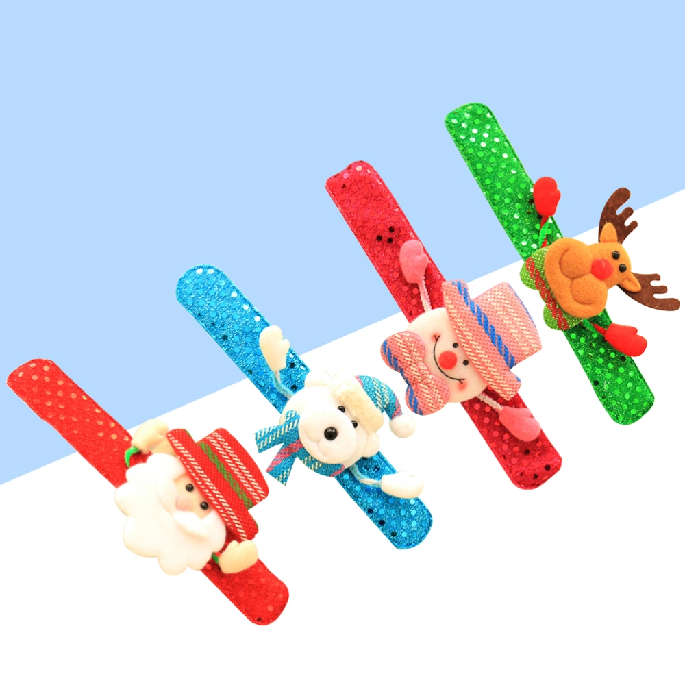 4pcs Christmas Snap Bracelet Paillette Cartoon Wristband Patting Hand Band Party Favor Funny Gift for Children Kids (Random Color)