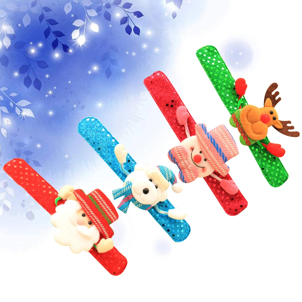 4pcs Christmas Snap Bracelet Paillette Cartoon Wristband Patting Hand Band Party Favor Funny Gift for Children Kids (Random Color)