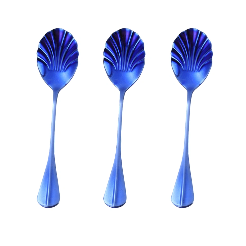 3 Pcs Stainless Steel Spoons Creative Shell Heads Style Long Handle Stirring Coffee Spoons for Milk Tea Cocktail Ice Cream (Blue)