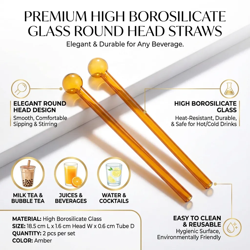 2pcs High Borosilicate Glass Round Head Straws Drinking Straws Milk Tea Straw