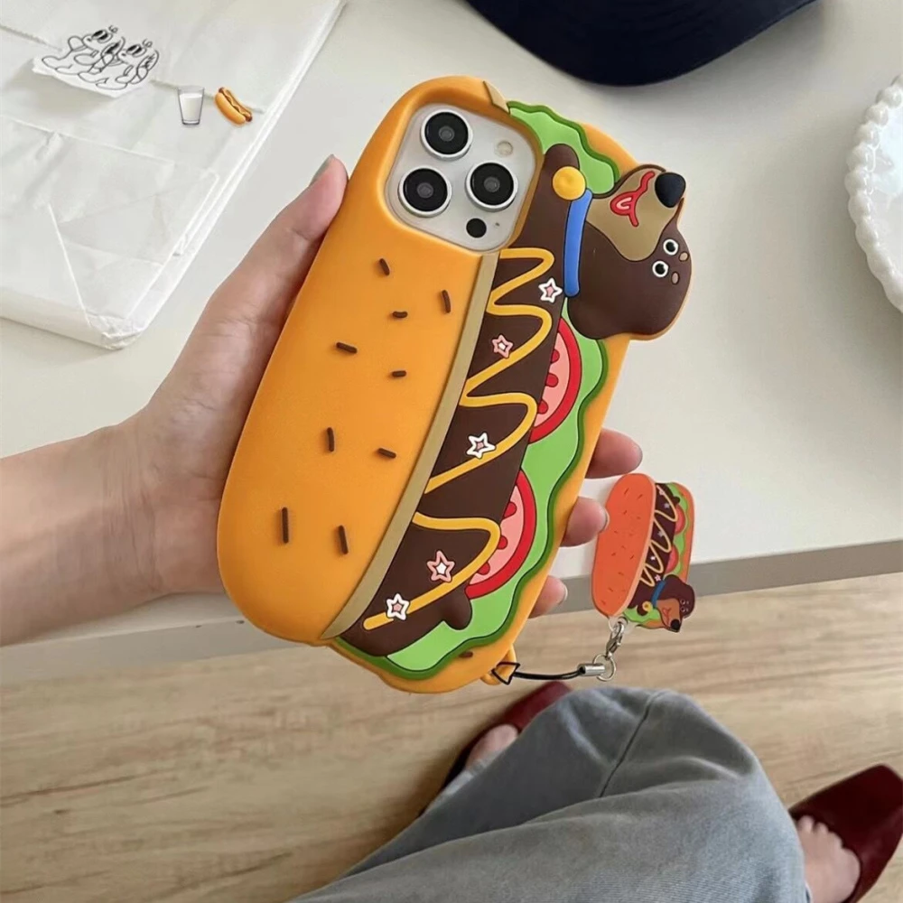 Cartoon Cute Hamburger Hot Dog Drop-resistant Phone Case With Pendant