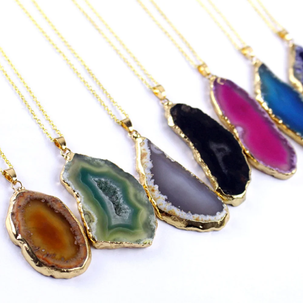 3 Pcs Irregular Natural Agate Stone Slice Plating Brim Pendant DIY Hanging Accessories for Jewelry Necklace Sweater Zipper Wind Chime Ornament (Rosy)