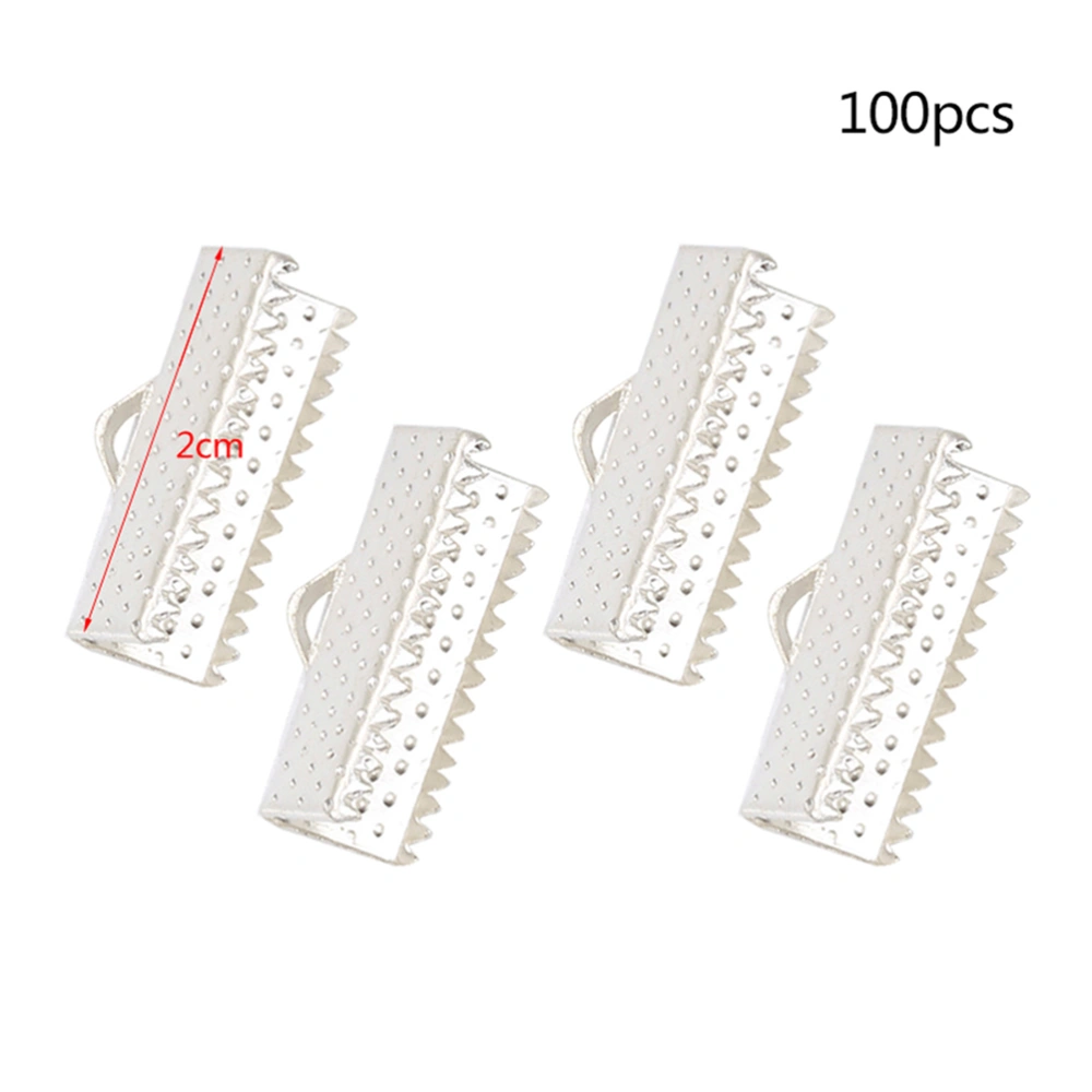 100PCS 2CM Plated Ribbon Ends Metal Fastener Clasps Textured Crimp End Clamps Cord Ends Buckles Zipper Clips DIY Jewelry Accessories (Silver)