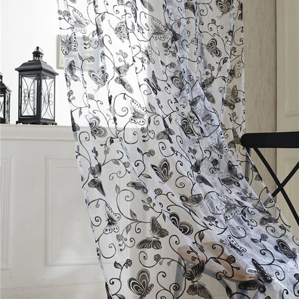 1 Pc Semi-shading Pastoral Small Hooks Window Voile Curtains for Bedroom Living Room-100x200cm(Black)