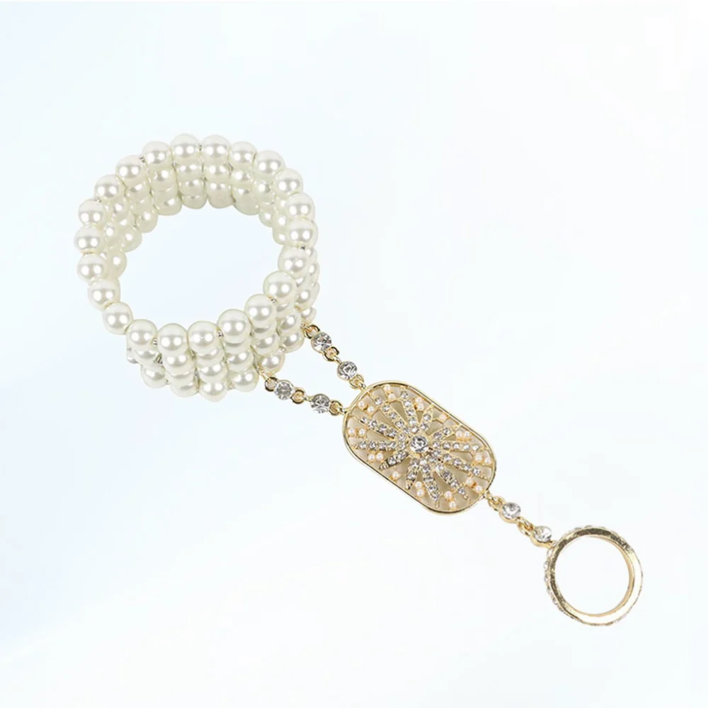 1pc Manmade Pearl Rhinestone Bracelet Vintage Elasticity Ring Chain for Women (Golden)