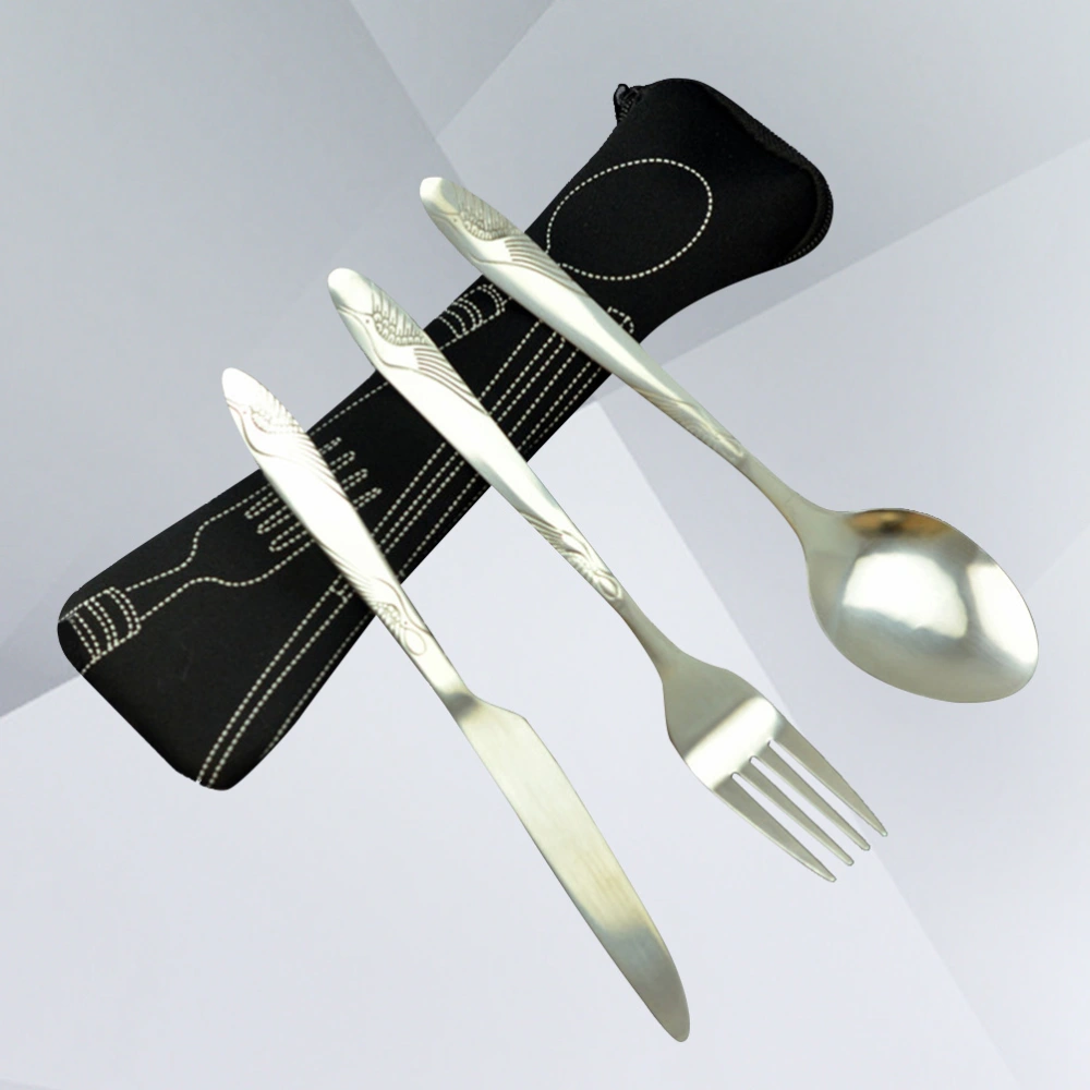 3 PCS Stainless Steel Tableware Set Portable Travel Silverware Lightweight Travel/Camping Cutlery Set with Neoprene Case-Knife, Fork, Spoon (Black Set)