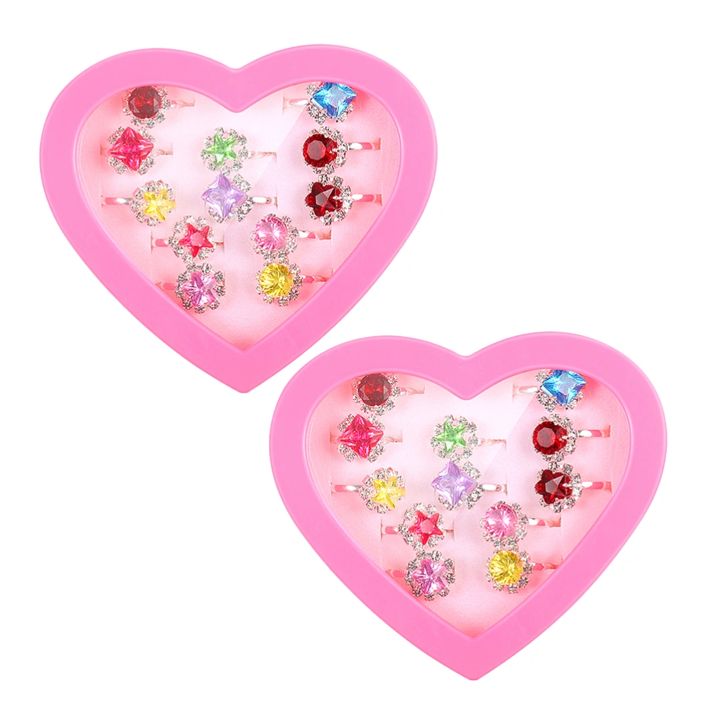 24pcs Children Silver Zircon Rings Toys Sweet Rings Jewelry Girl Jewel Rings with Pretty Heart Shape Box (12pcs A Box)