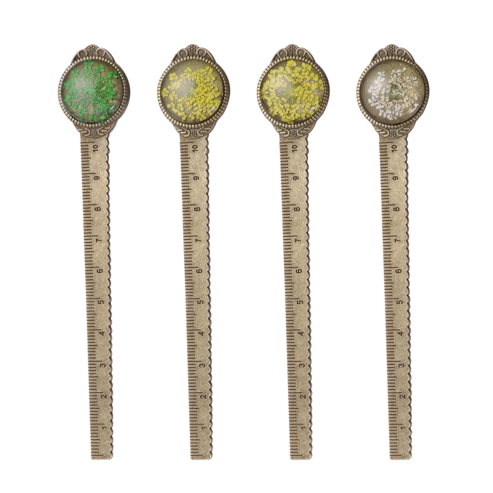 4pcs Creative Retro Vintage Small Dried Flowers Bronze Bookmark Ruler with Glass Gems as Book Page Marker for Students Kids School Supply