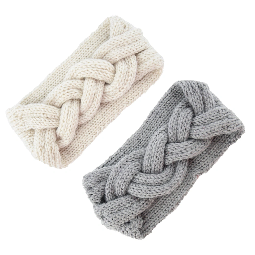 2 Pcs Crochet Turban Headband Mohair Cross Knotted Warm Bulky Crocheted Head Wrap Earmuffs Knitted Pattern Hair Band Crocheted Hairband Hat for Winter(Beige + Gray)